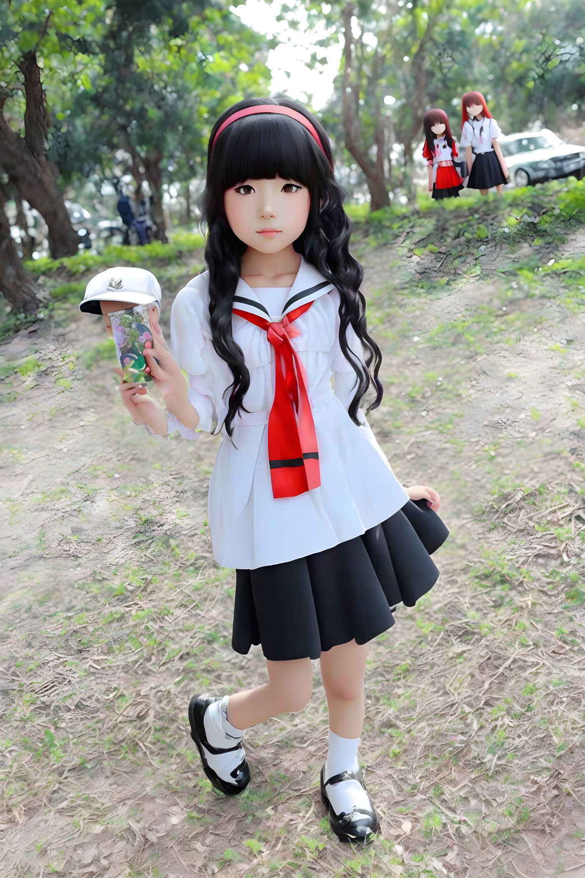 Japanese schoolgirl in uniform holding a drink can outdoors