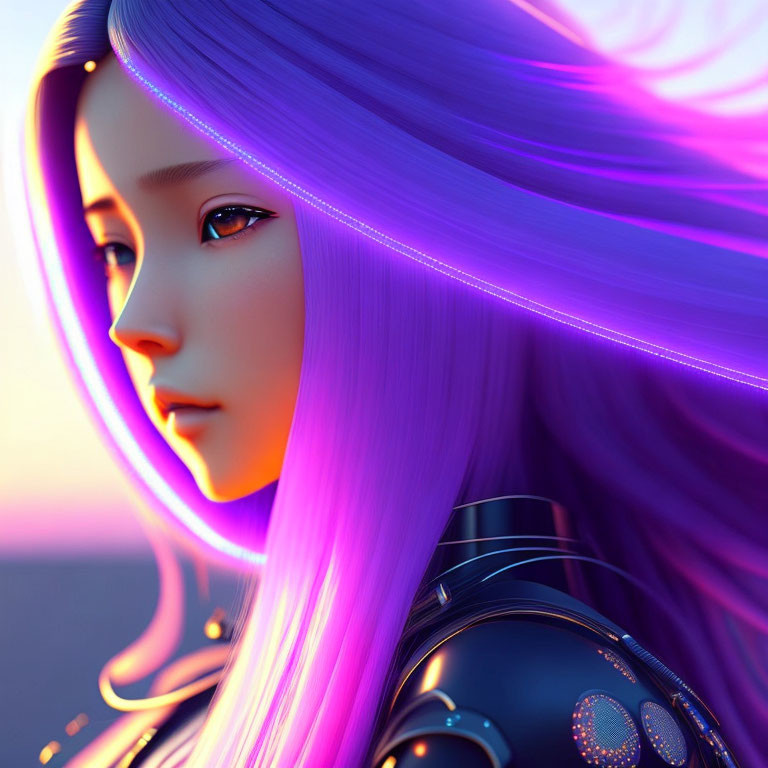 Digital illustration: Woman with purple hair in futuristic outfit against twilight backdrop