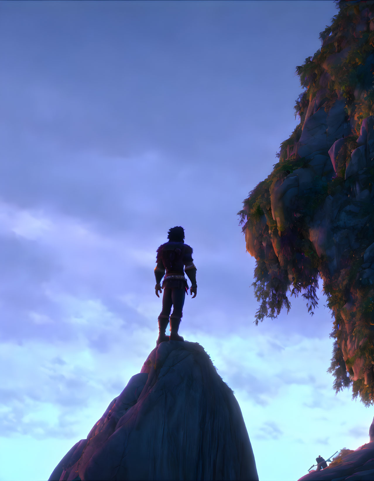 Person's Silhouette on Rock Ledge at Twilight with Trees