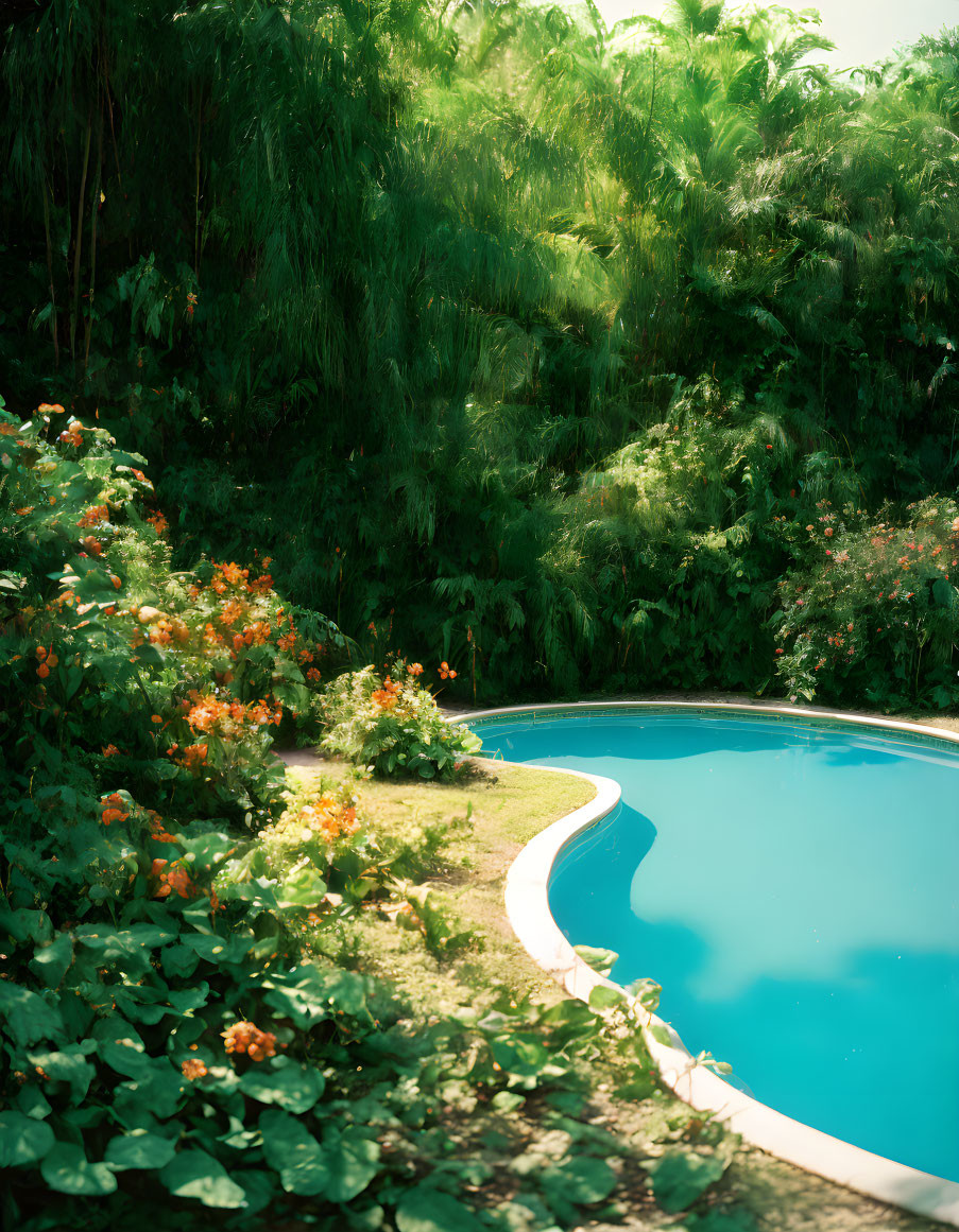 Tranquil Pool Surrounded by Greenery and Orange Flowers