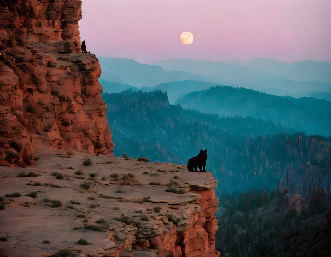 Bear on Cliff Edge with Full Moon and Pink Mountains Viewed from Afar