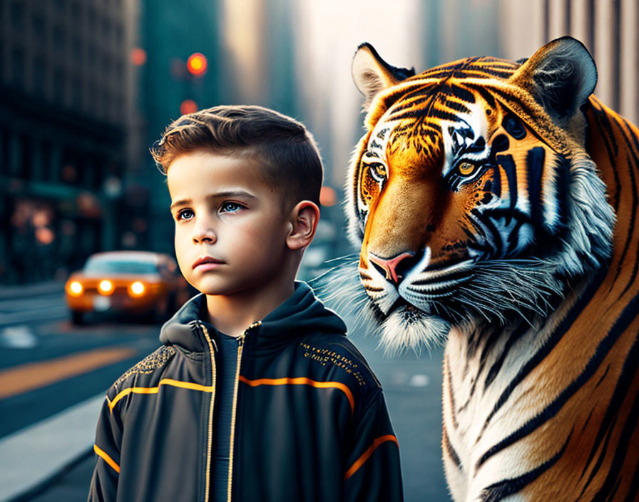 Young boy and tiger on city street at dusk side by side, boy looking left, tiger facing forward