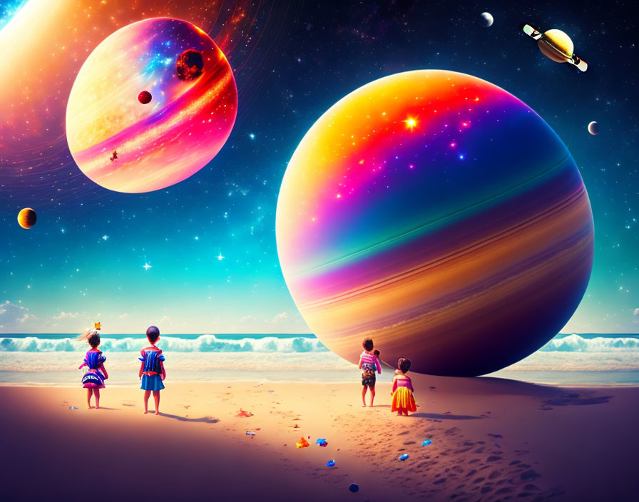 Children mesmerized by oversized colorful planets and satellite against a surreal sky.