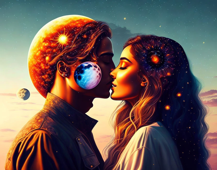 Digital artwork of couple kissing in cosmic scene with stars, planets, galaxy, and sunset sky