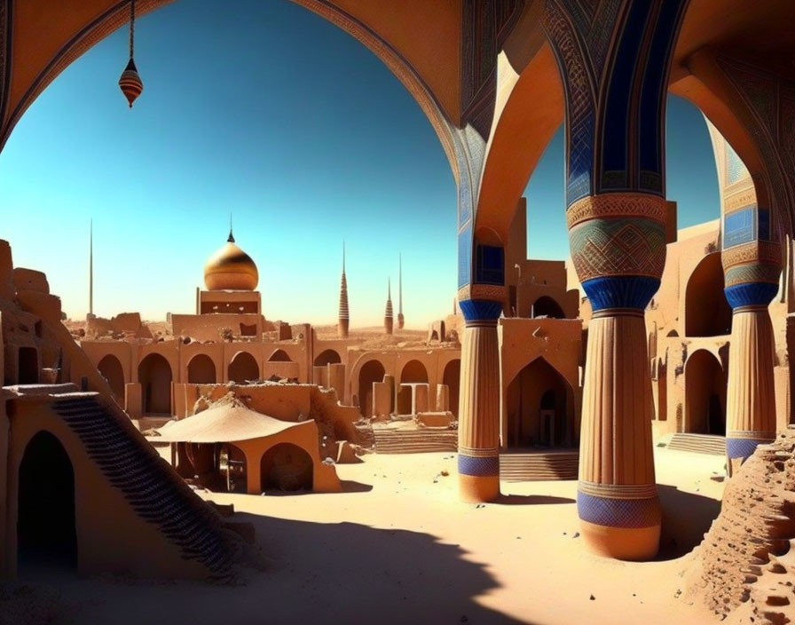 Ancient desert city with domed buildings and minarets under a clear blue sky