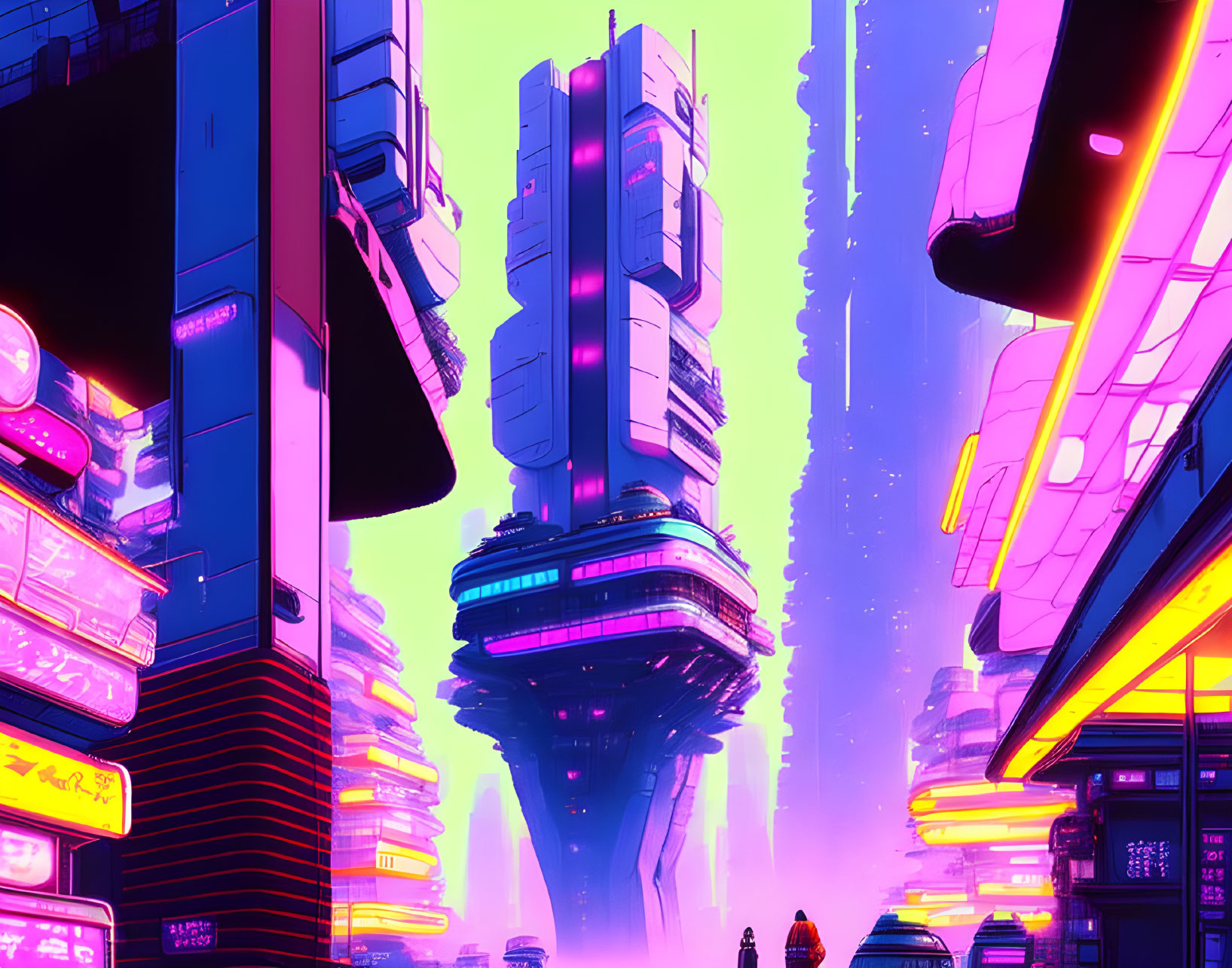 Neon-lit cyberpunk cityscape under pink and purple sky