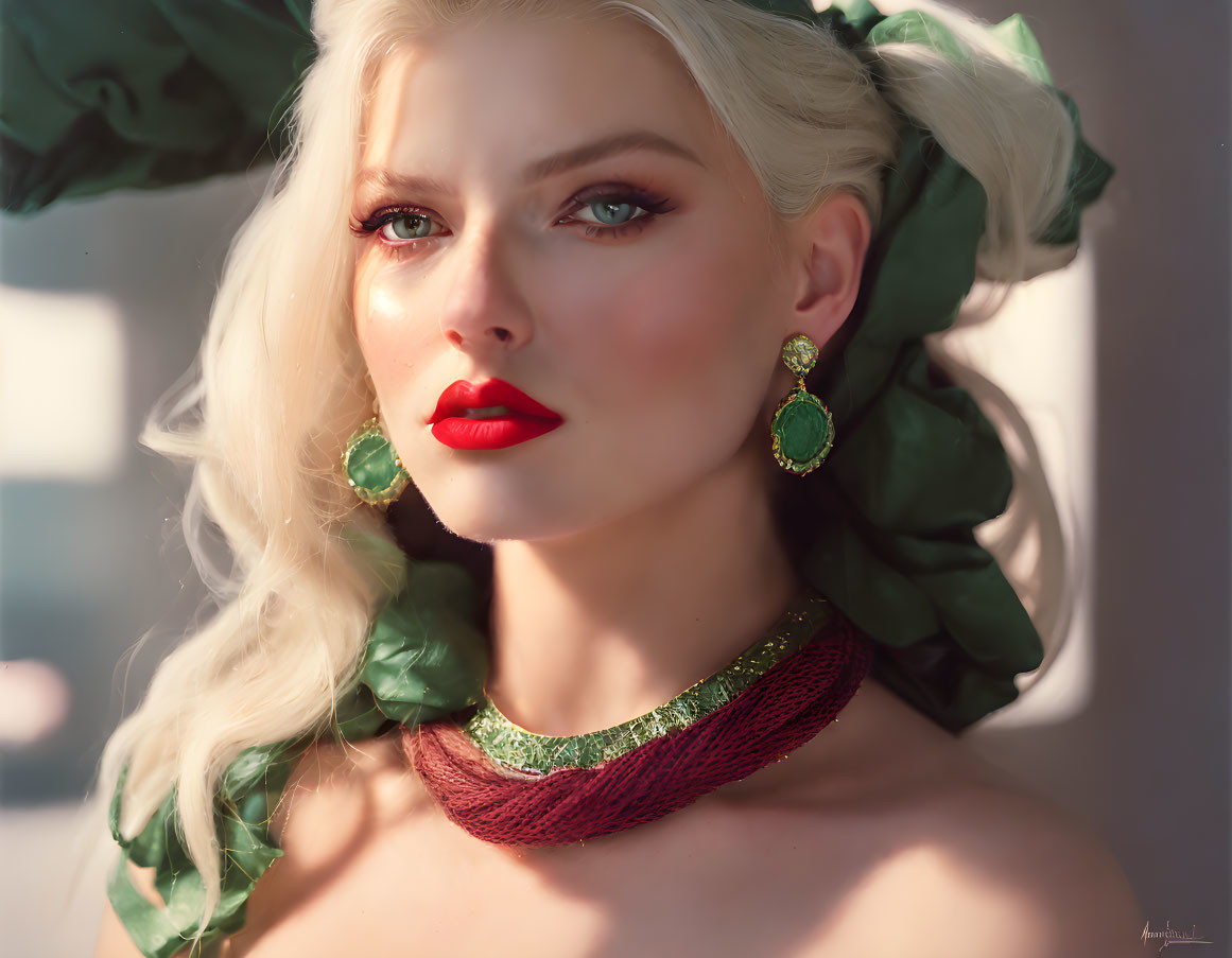 Blonde Woman Portrait with Red Lipstick and Green Accessories