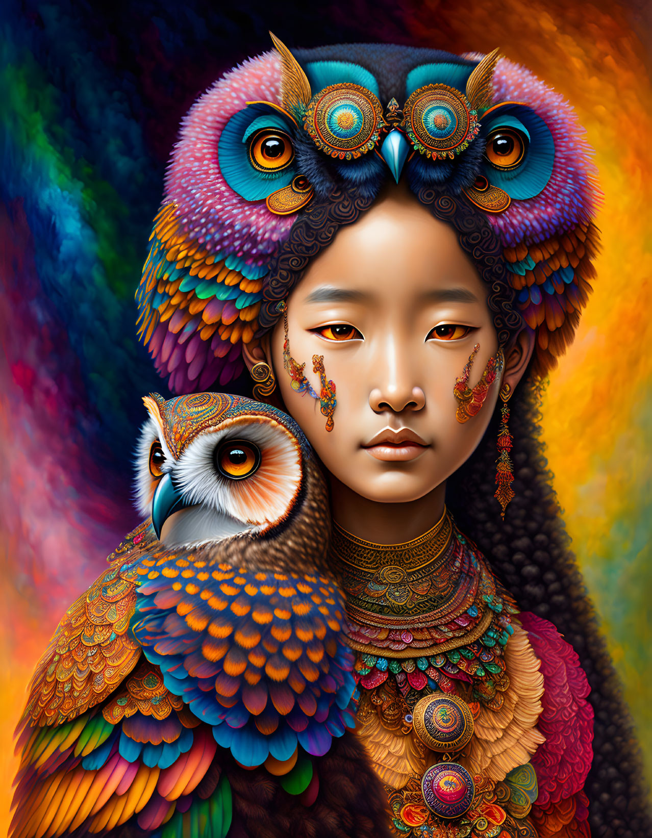 Colorful digital artwork: Girl's portrait merged with owl elements