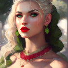 Blonde Woman Portrait with Red Lipstick and Green Accessories