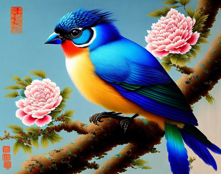 Colorful Blue Bird with Red Beak on Branch with Pink Flowers