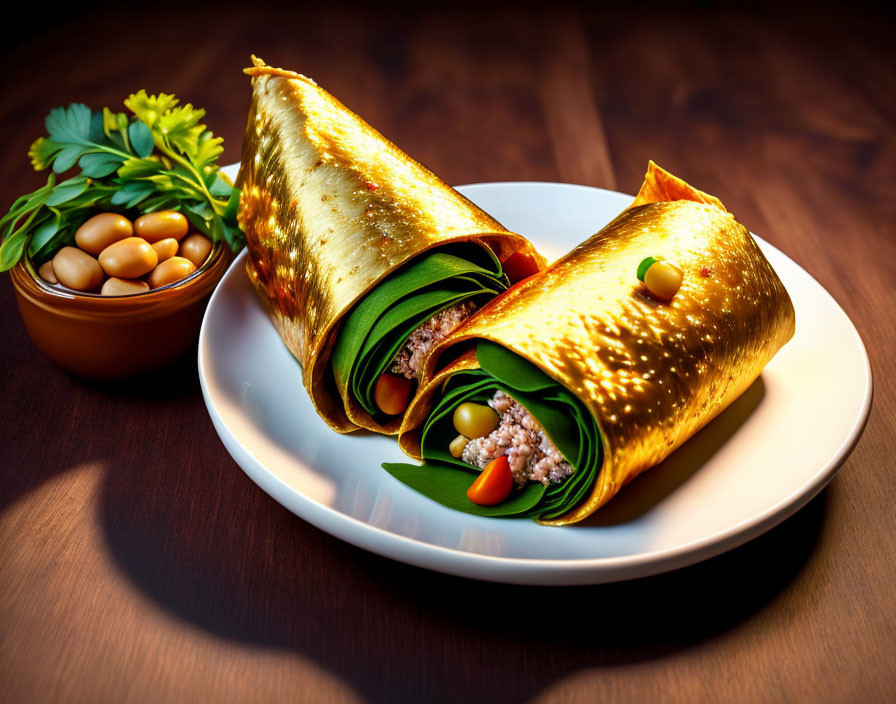 Spinach-filled stuffed crepes with chickpeas on wooden table