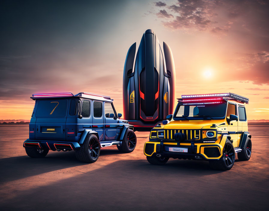 Customized SUVs with neon underglow and roof lights next to futuristic capsule car under sunset sky