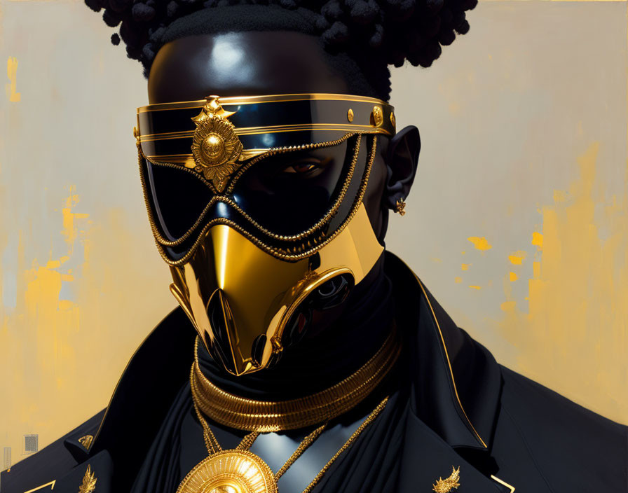 Stylized gold and black mask with ornate jewelry against gold-splattered backdrop