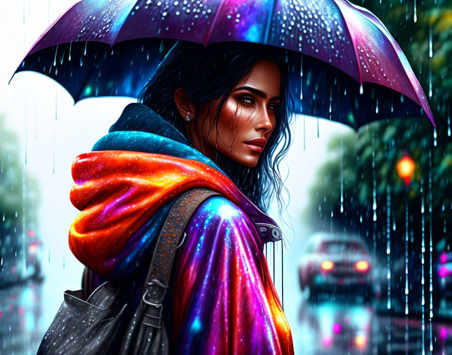 Colorful woman with rainbow scarf and umbrella in rainy city scene