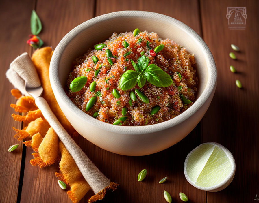 Quinoa salad with basil and lime on wooden table