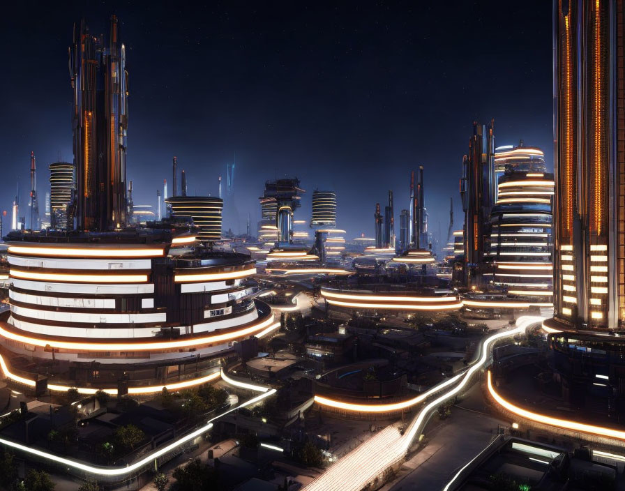 Nighttime futuristic cityscape with illuminated skyscrapers and light trails.