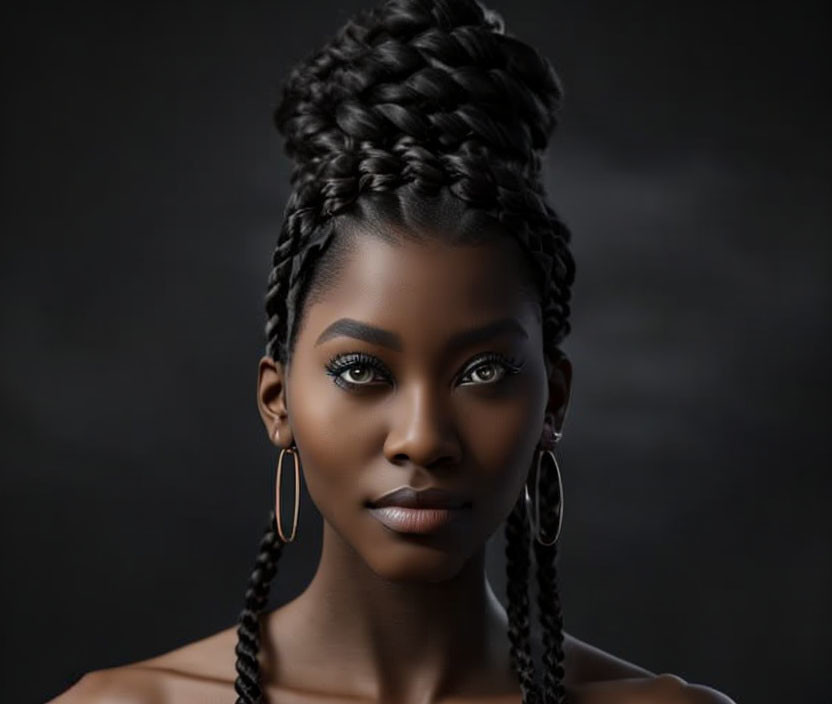 Portrait of woman with braided hair, hoop earrings, subtle makeup on gray background