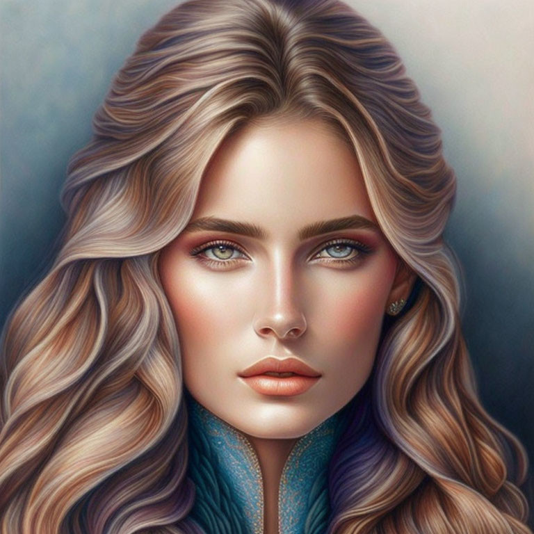 Portrait of woman with long, wavy hair and blue attire