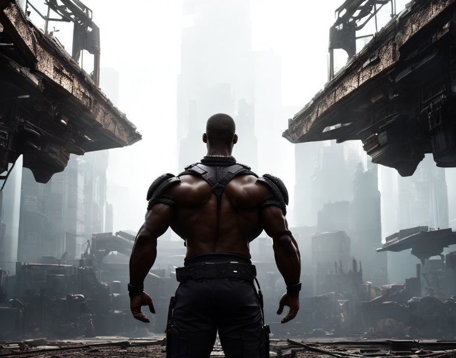 Muscular man in front of foggy futuristic cityscape.