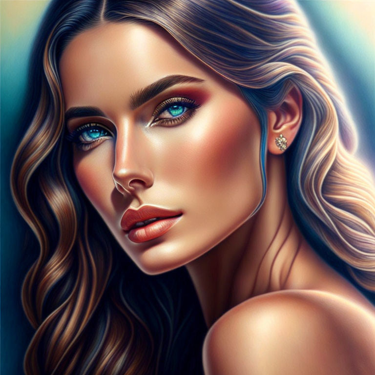 Vibrant digital artwork: Woman with blue eyes, wavy hair, earring, makeup