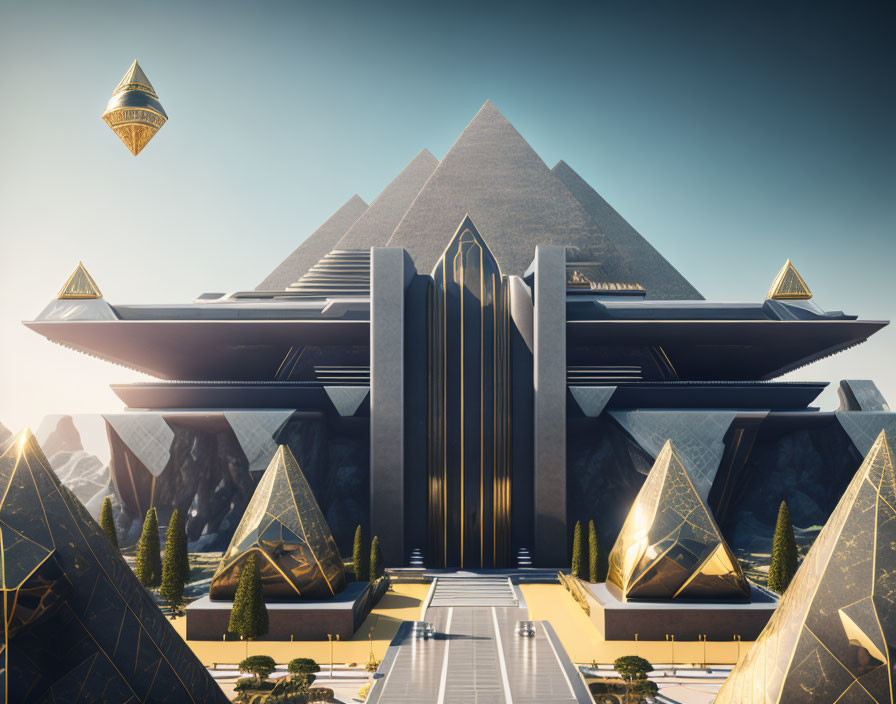 Futuristic pyramid structure with floating elements and grand entrance against mountainous backdrop