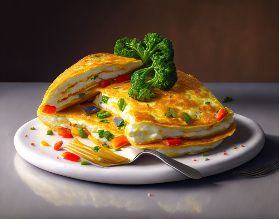 Fluffy cheese and vegetable omelette on white plate with broccoli garnish