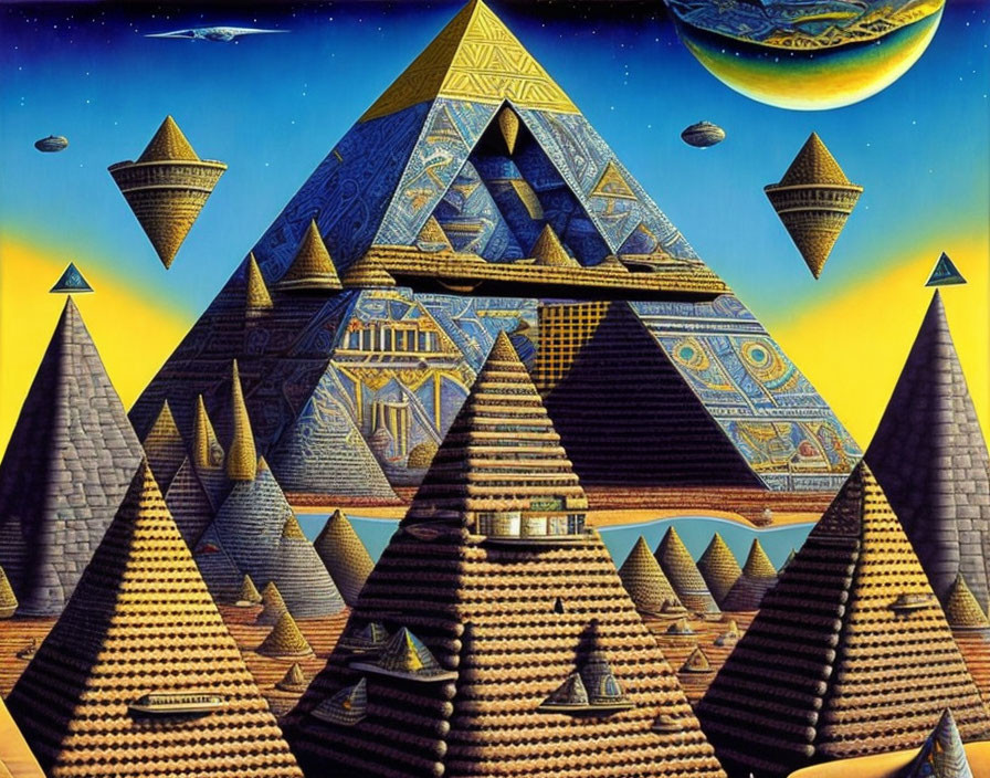 Surreal landscape with patterned pyramids, planets, flying saucers, and spaceship