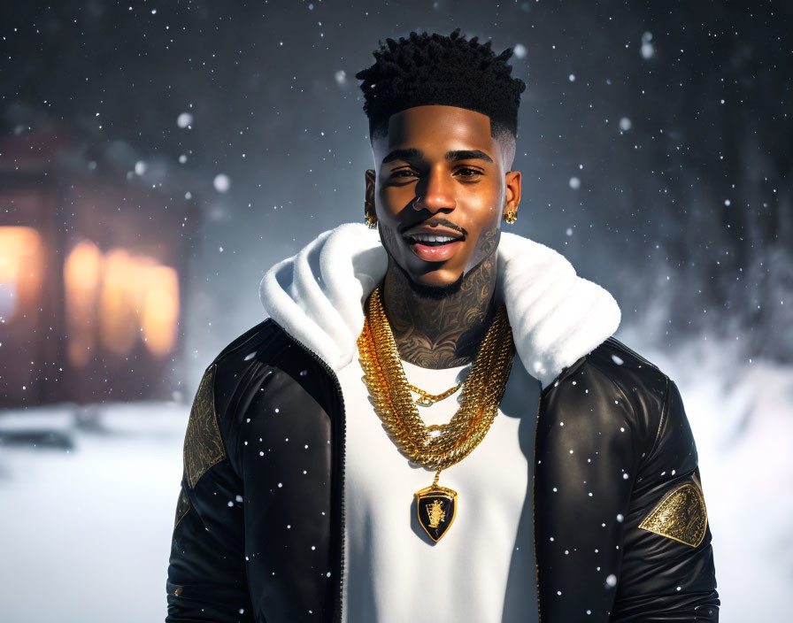 Tattooed man in snow with gold jewelry and black-white jacket