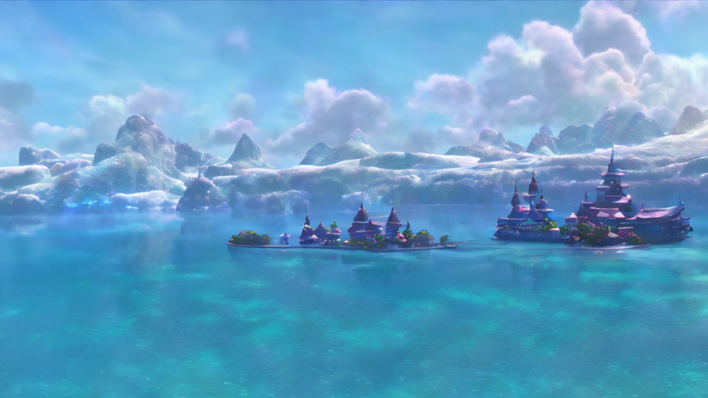 Fantasy landscape with blue waters, floating islands, whimsical buildings, icy mountains.