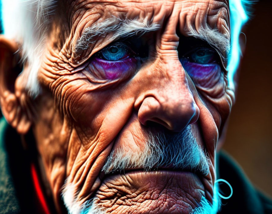 Elderly man with deep wrinkles and intense blue eyes