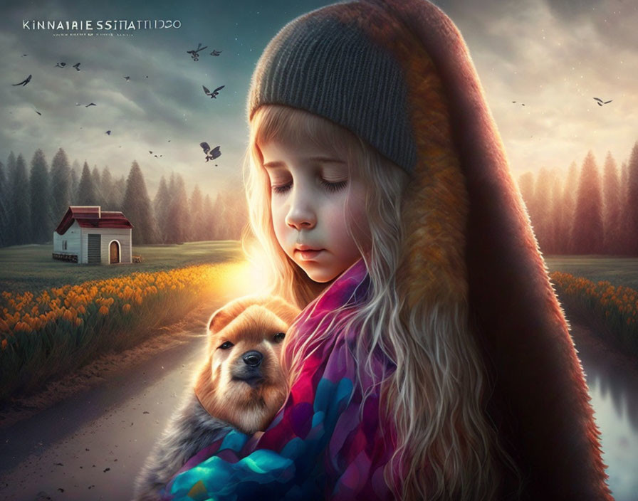 Young girl with beanie cuddles puppy in colorful blanket by serene countryside at dusk