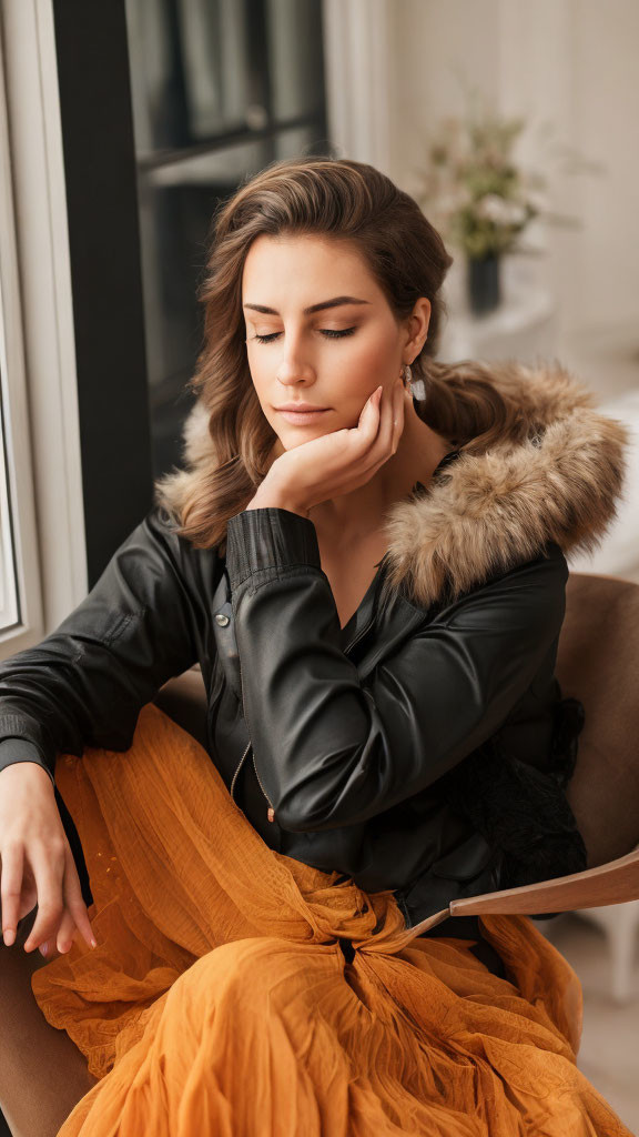 Pensive woman in black jacket with fur collar sitting by window