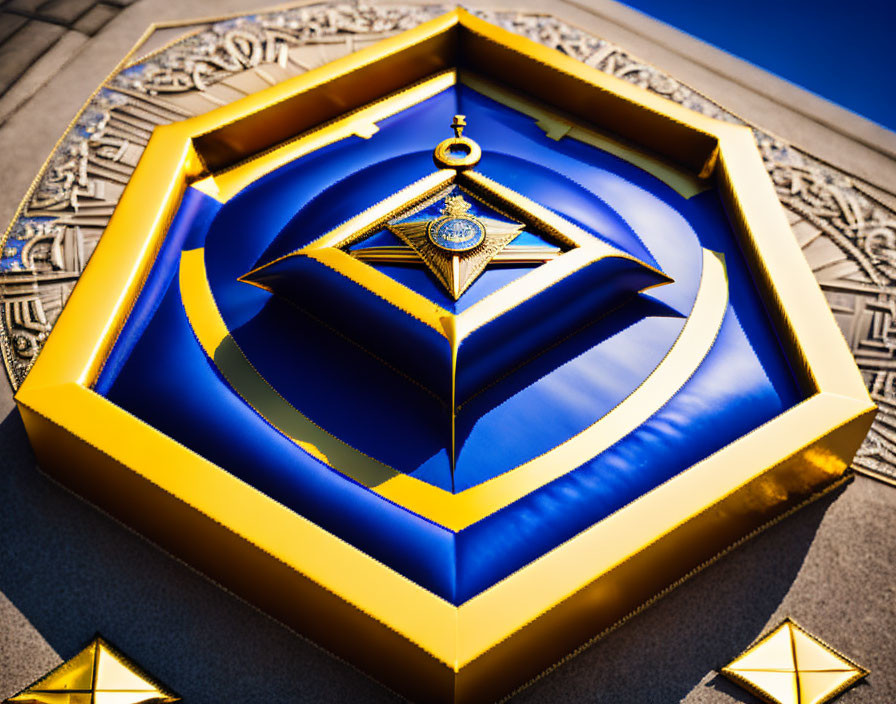 Gold and Blue Masonic Square and Compass Symbol with G, Engraved Building Background