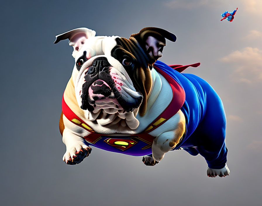 Bulldog in Superman costume flying with miniature figure against grey background