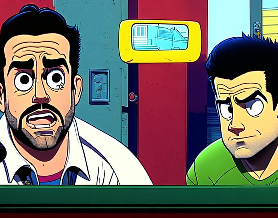 Two animated male characters with exaggerated expressions at a counter, one surprised and the other unamused,