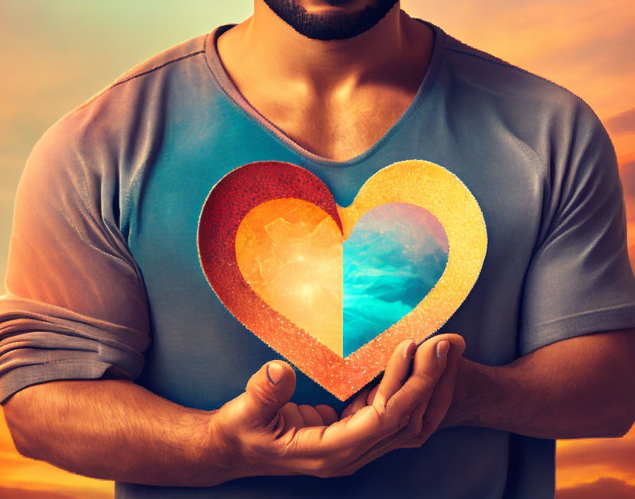 Man in Blue Shirt Holding Glittering Heart with Cosmic Scene