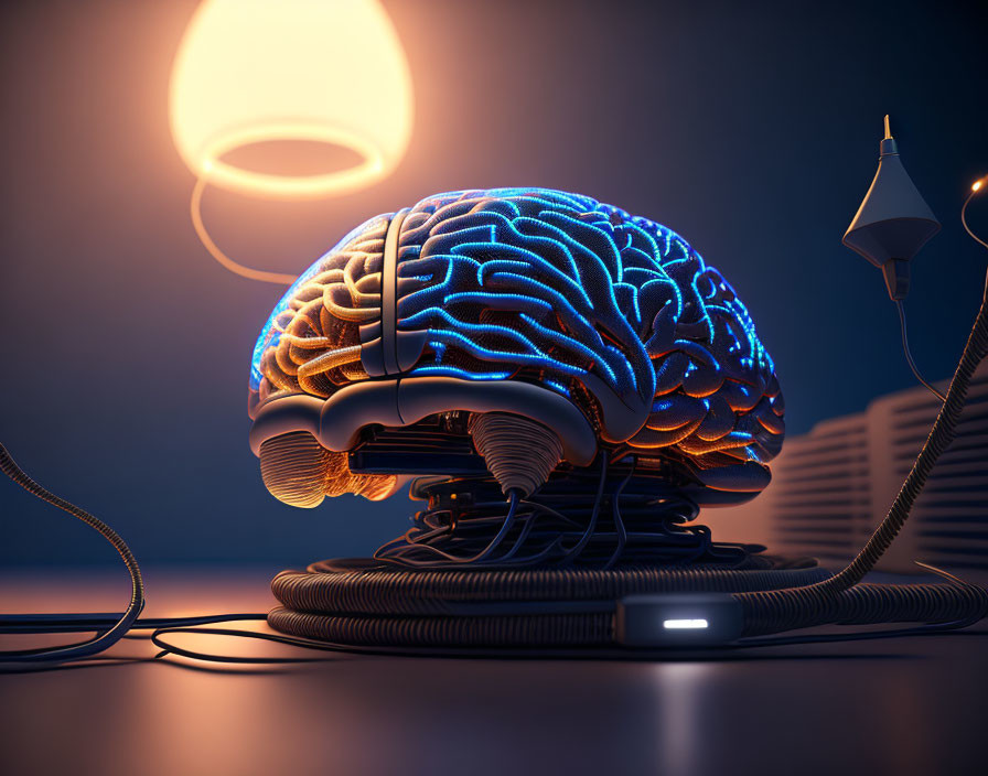 Stylized glowing brain with blue and orange lights on pedestal