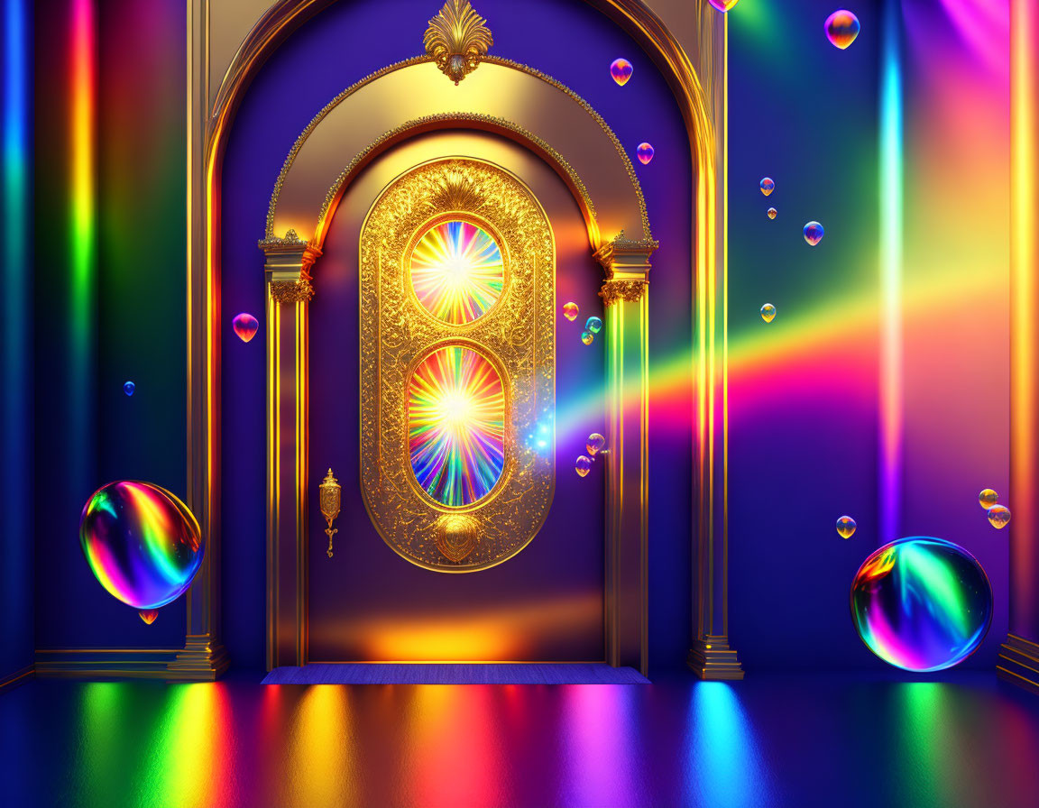 Colorful ornate door with stained glass and soap bubbles in vibrant image