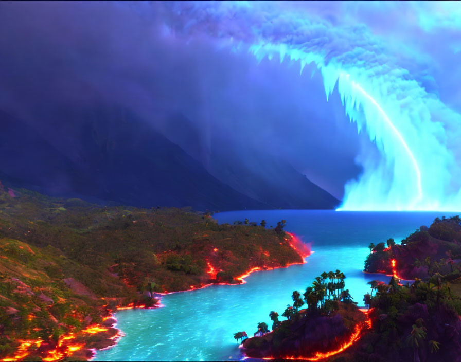 Fantastical landscape with glowing lava rivers, luminous sea, purple sky, and massive waterfall.