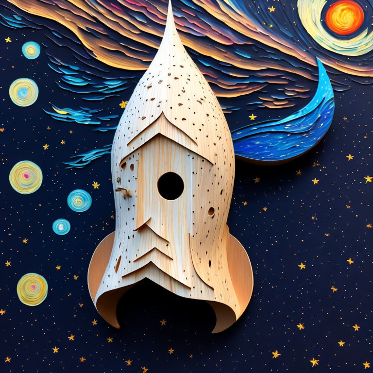 Wooden Spaceship Model Birdhouse Design & Cosmic Background