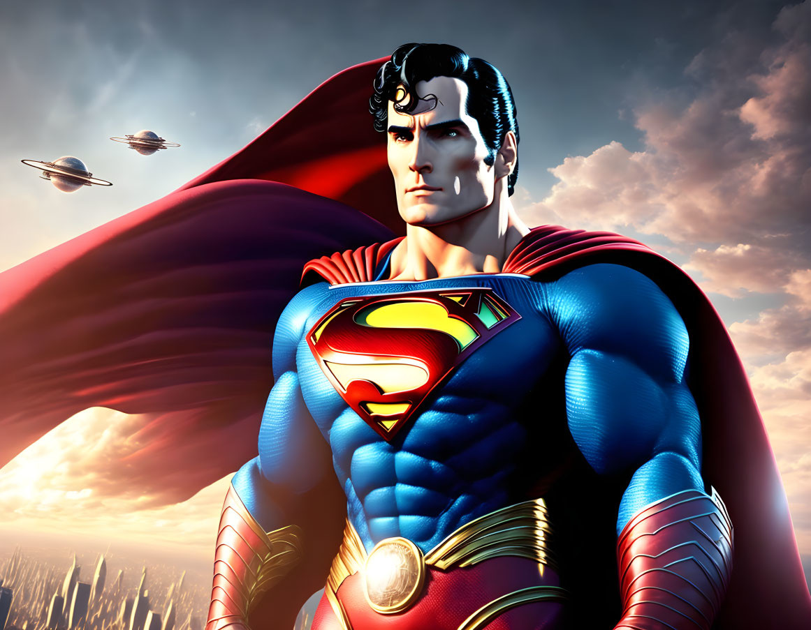 Superman digital artwork: superhero with red cape, cityscape, and spaceships