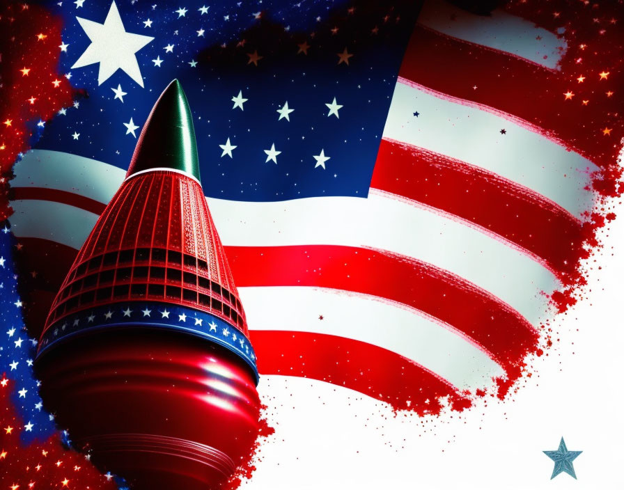 Patriotic American flag with rocket on starry backdrop