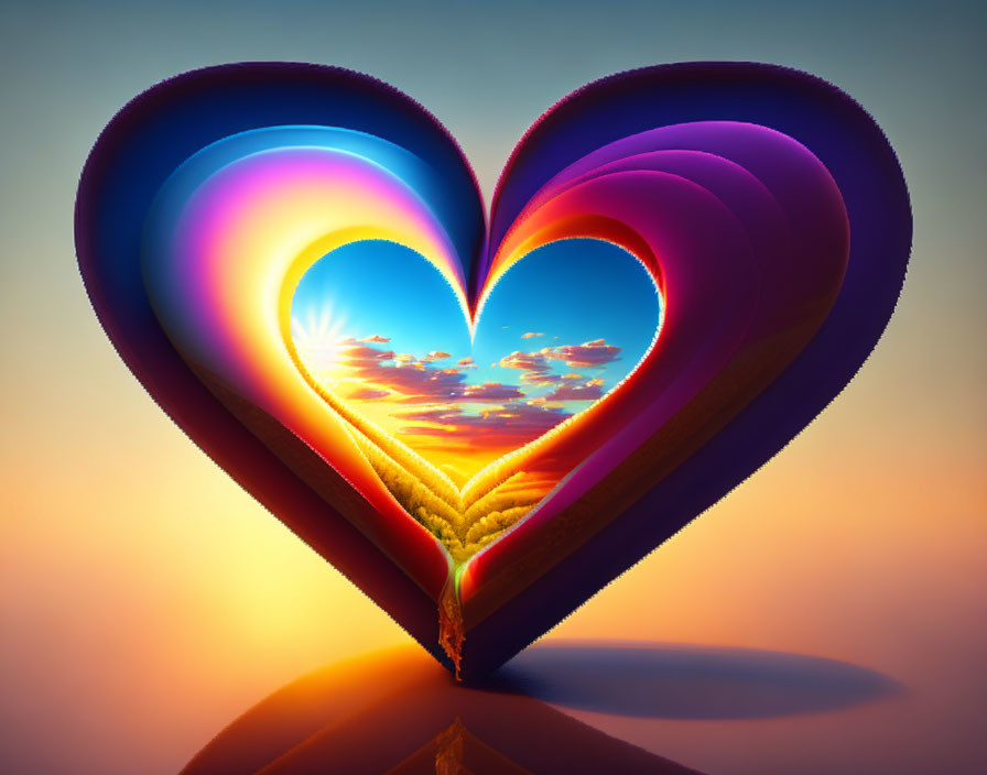 Digital artwork: Nested hearts create optical illusion with vibrant sunset and cloudscape, surreal composition.