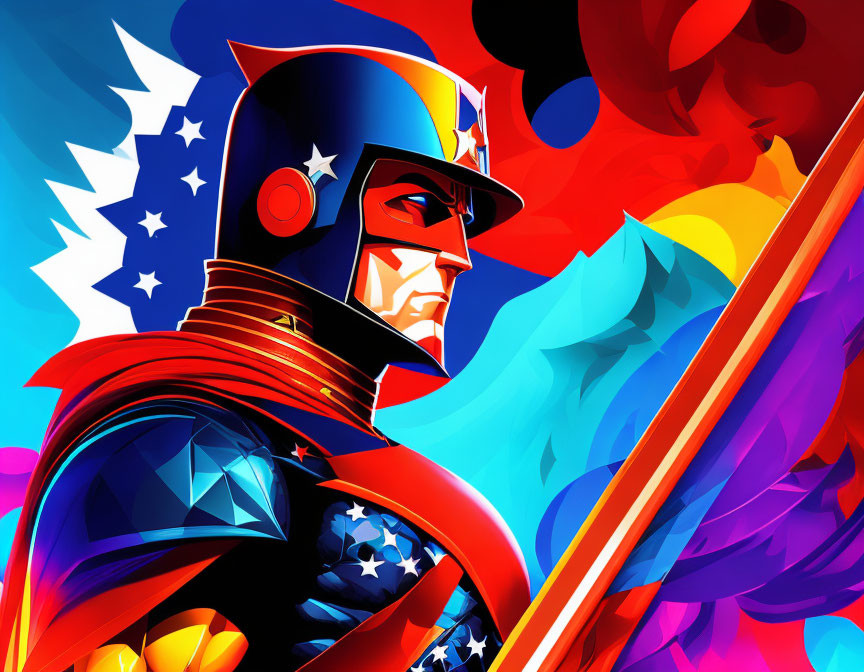 Colorful Patriotic Superhero Digital Illustration with Shield