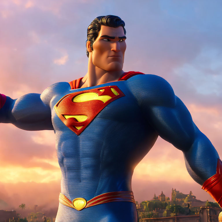 Superman animated character confidently standing against sunset sky