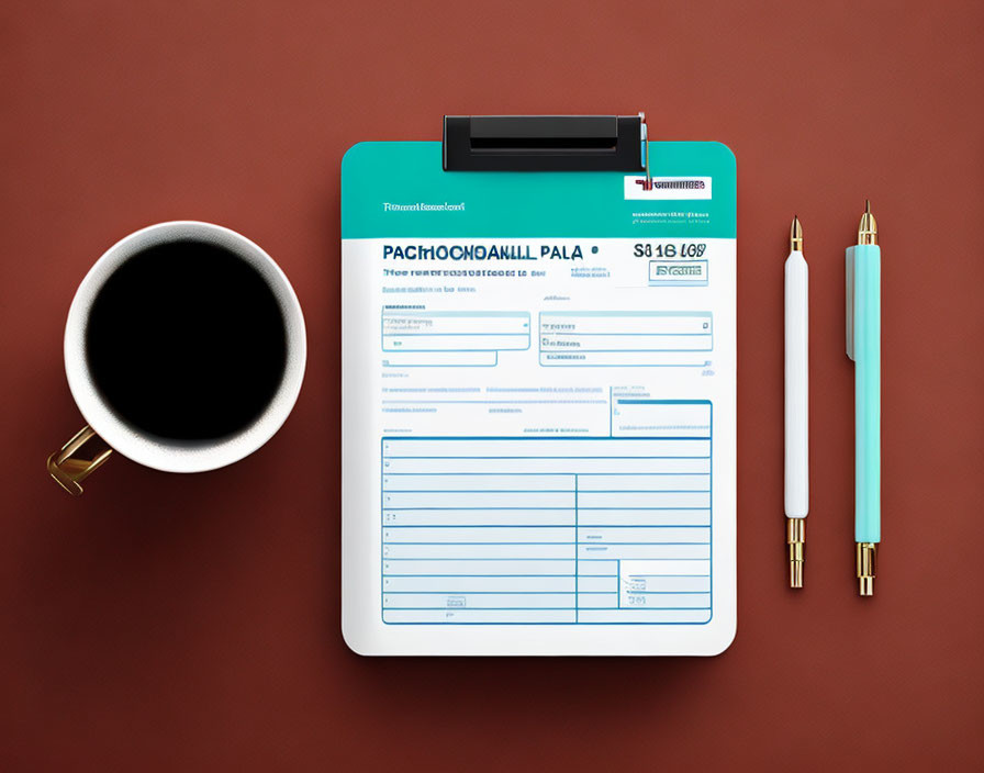 Office desk with clipboard, document, coffee cup, and pens on maroon background