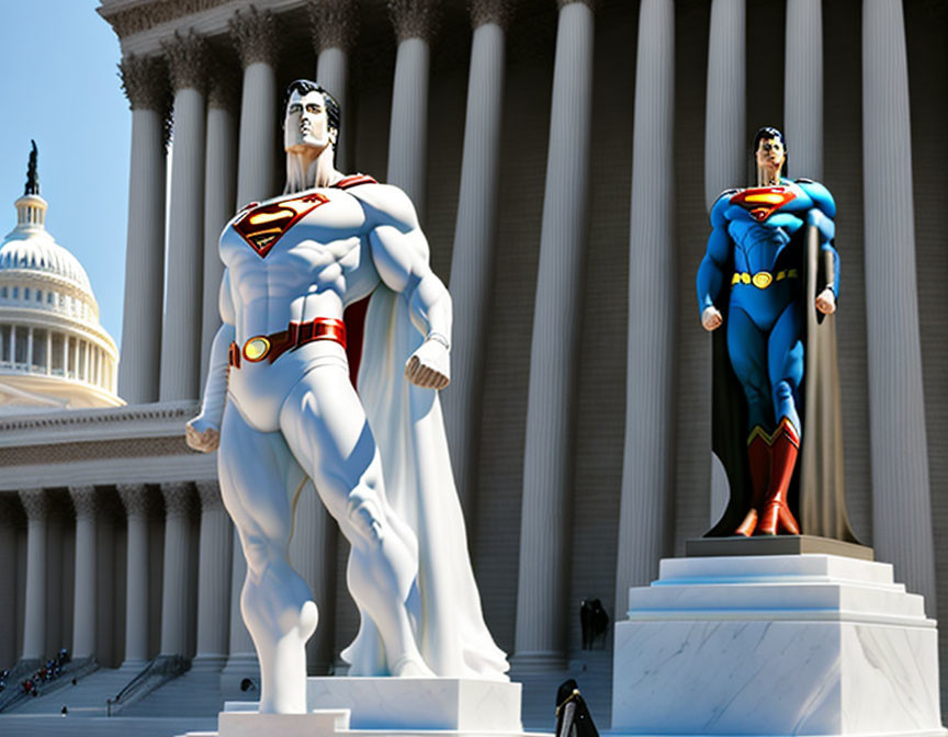 Two Superman statues in front of government-like building with large columns