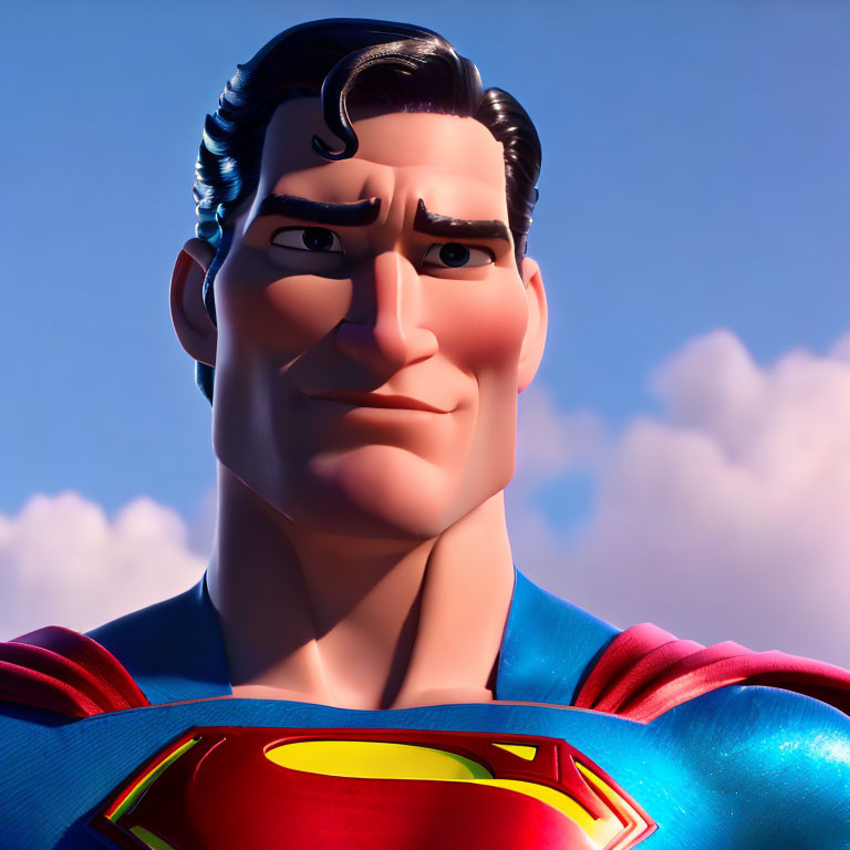 Superhero with red cape and 'S' logo in 3D animation