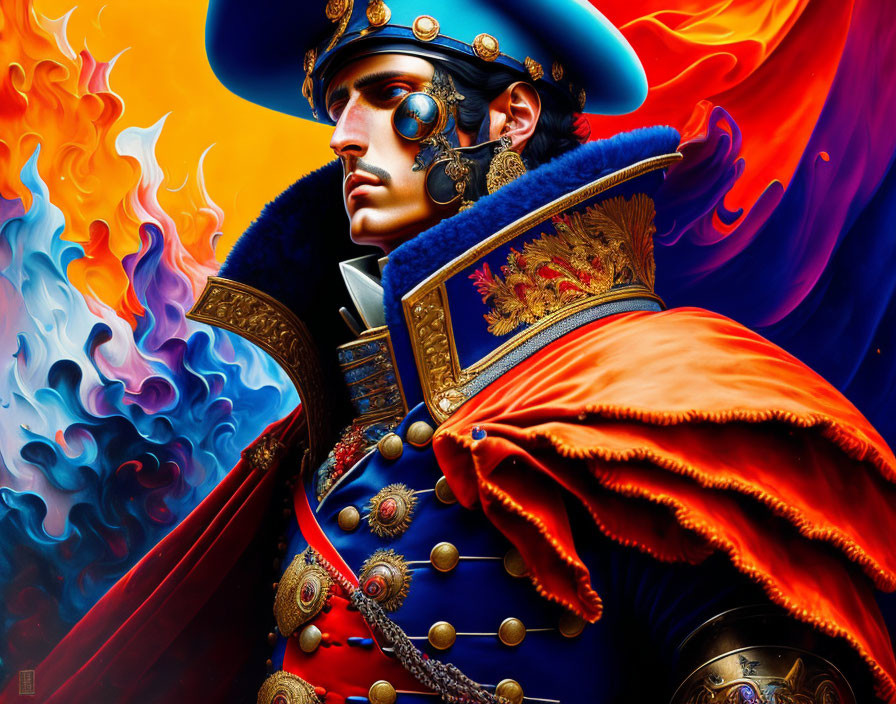 Stylized portrait of man in ornate military uniform with blue hat and red cape in swirling flames