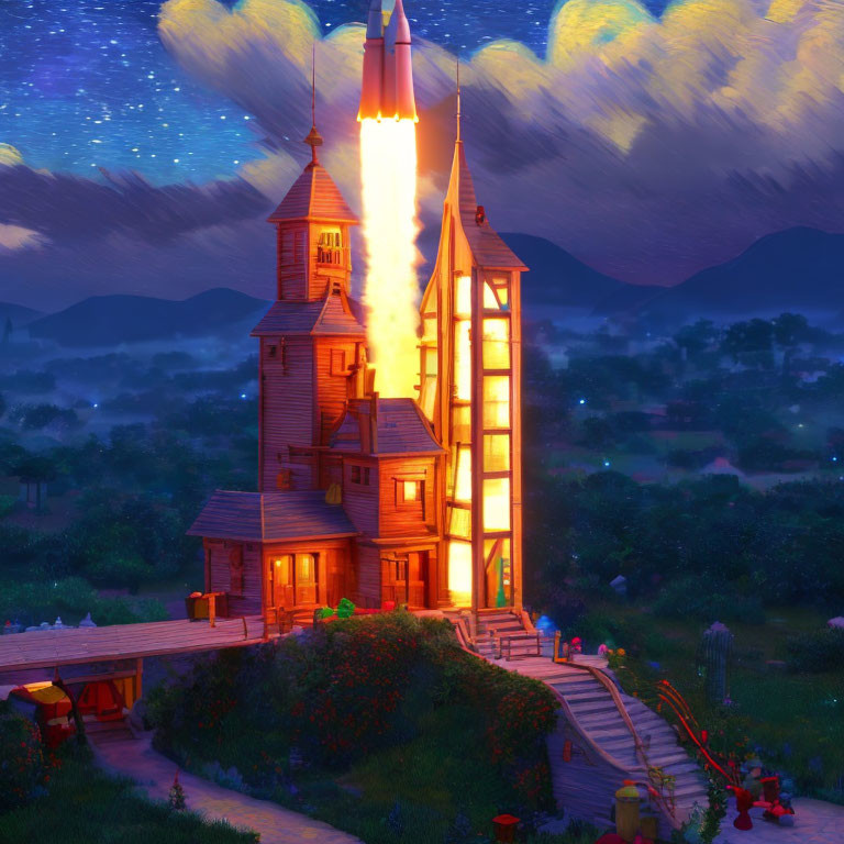 Rocket-themed wooden house with launchpad design and twilight rocket blast.